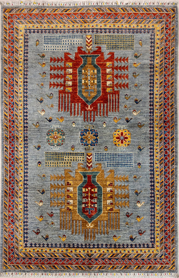 Authentic Handknotted Grey Afghan Sultani Chobi Wool Rug 204cm x 137cm
Lovely combination of grey field &amp; hints of multicolour floral tones all over
Beautifully decorated 'Ariana' tassles on each end
Colour tones all made from local vegetable/plant based dyes