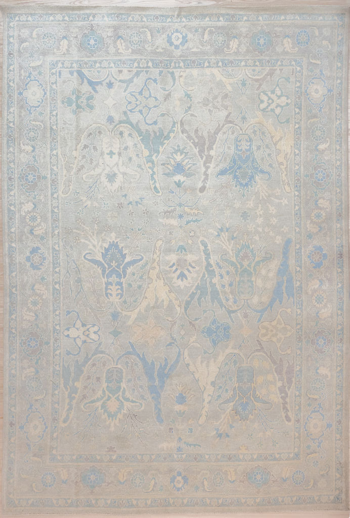 Authentic Hand Knotted Grey Blue Afghan Chobi Wool Rug 362cm x 278cm suitable for  large areas
Symbols of wisdom, immortality and good fortune rendered in soft durable hand spun Ghazni mountain wool.
Muted gray, soft pinks and blues made from natural vegetable dyes gives a peaceful modern vibe.
Oushak Design light toned rug brightens your interior and opens your space
Having a light and darker aspect is a trademark of Handmade Rugs