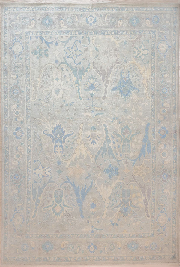 Authentic Hand Knotted Grey Blue Afghan Chobi Wool Rug 362cm x 278cm suitable for  large areas
Symbols of wisdom, immortality and good fortune rendered in soft durable hand spun Ghazni mountain wool.
Muted gray, soft pinks and blues made from natural vegetable dyes gives a peaceful modern vibe.
Oushak Design light toned rug brightens your interior and opens your space
Having a light and darker aspect is a trademark of Handmade Rugs