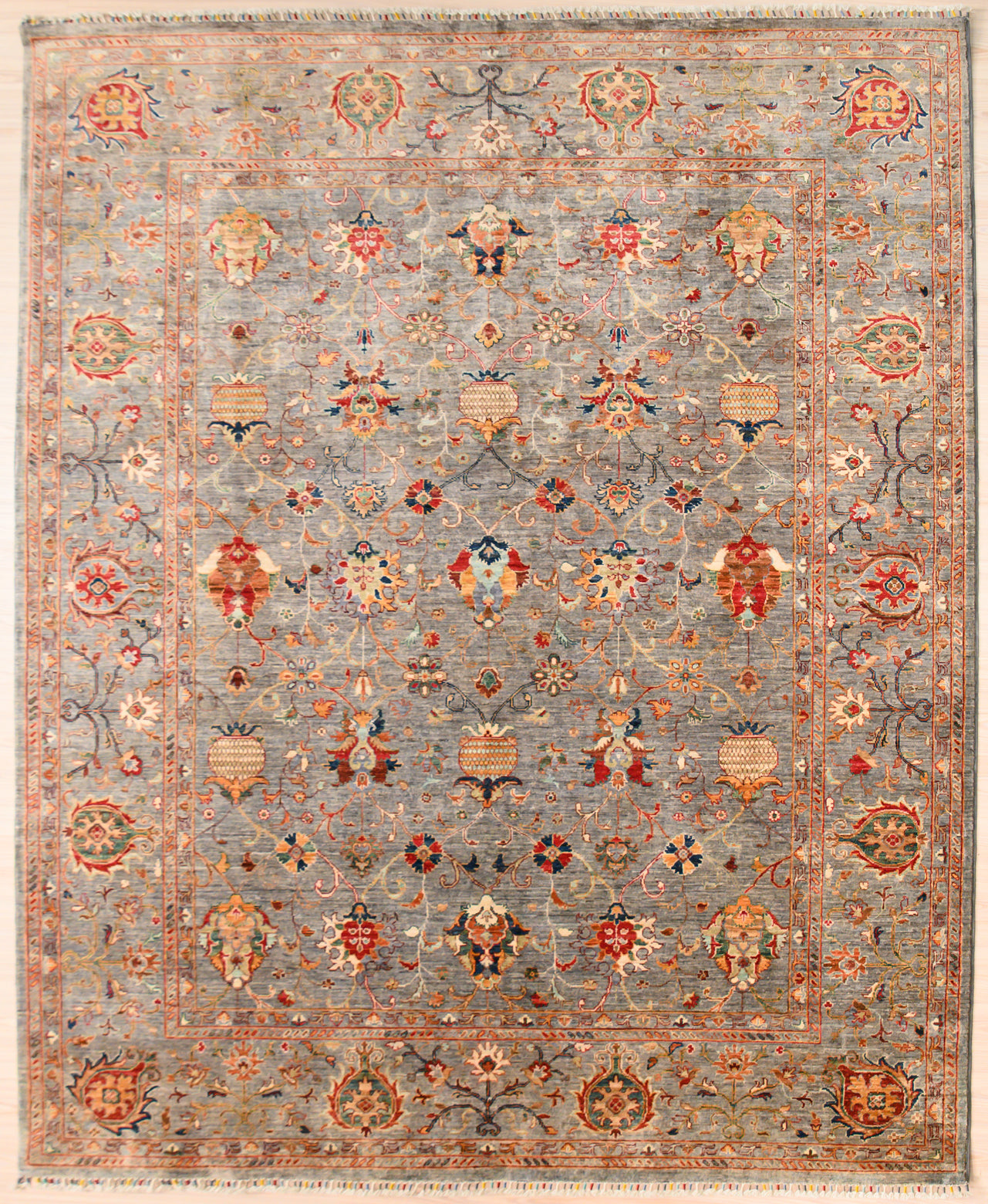 Grey Fine Afghan Sultani Chobi Wool Rug 294cm x 245cm Lovely colour palette with an array of rustic multicolour tones on a warm grey background
