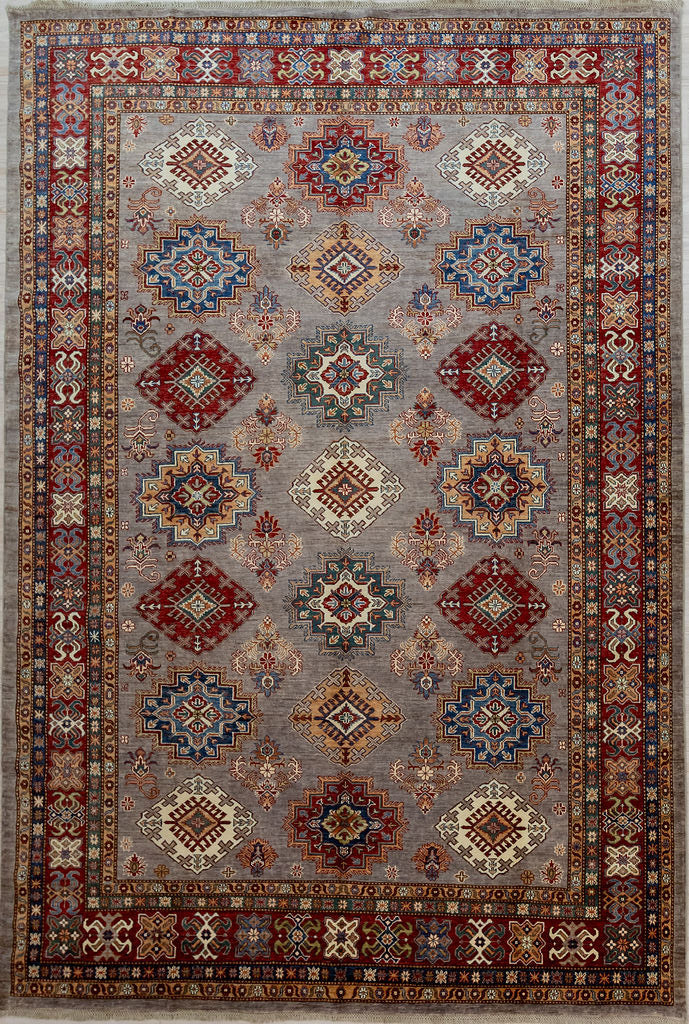 Authentic Handknotted Grey Red Afghan Super Kazak Wool Rug 356cm x 266cm.The natural wool colour dove grey border breaks the mould of the traditional oriental rug. The natural madder red colour in this weaving is dark and quieting.
All variety of colours are achieved with natural non toxic dyes.For a lover of order and precision, the woven medalions are clearly delineated, and well defined.
"Super "refers to fineness of weave and to the superior quality of the wool used which gives a luxurious fine sheen 