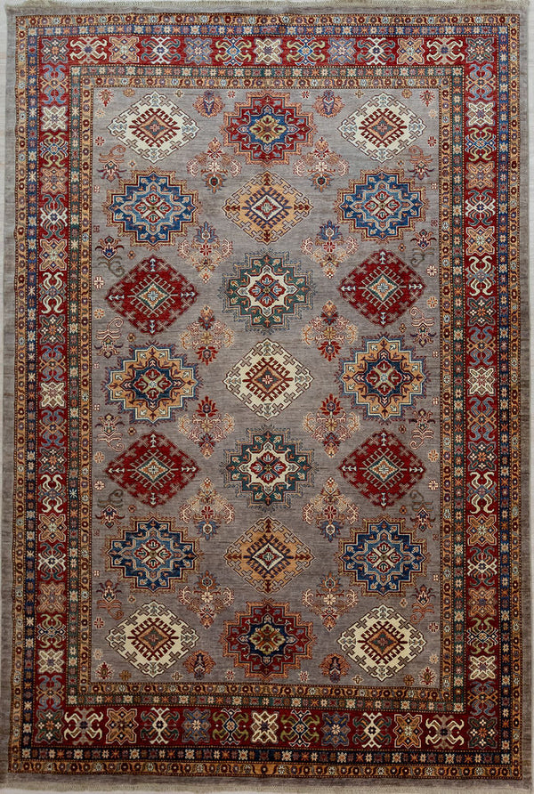 Authentic Handknotted Grey Red Afghan Super Kazak Wool Rug 356cm x 266cm.The natural wool colour dove grey border breaks the mould of the traditional oriental rug. The natural madder red colour in this weaving is dark and quieting.
All variety of colours are achieved with natural non toxic dyes.For a lover of order and precision, the woven medalions are clearly delineated, and well defined.
"Super "refers to fineness of weave and to the superior quality of the wool used which gives a luxurious fine sheen 