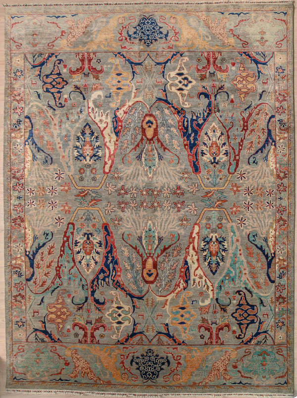 Grey XL Afghan Chobi Wool Rug 397cm x 302cm wonderful swirlig motifs on sift rabbit grey natural wool