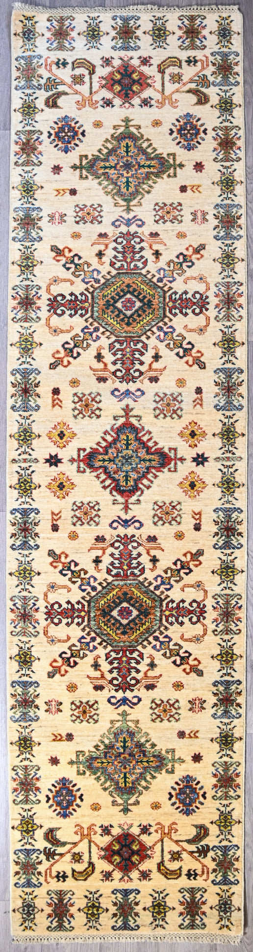 Handknotted Wool Aztec Design Veg Dye Chobi Runner - (321H x80W) Lovely light tones of cream and washed out blue