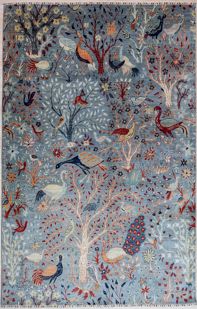Authentic Handknotted Ice Grey Pictorial Afghan Chobi Wool Rug 293cm x 198cm woven in Shebarghan, Northern Afghanistan
Natural veg dyed colour palette with a cool ice grey background.
A unique, one-of-a-kind rural Pictorial design bringing a  feeling of connection to nature in the modern contemporary home

An array of beautiful flora and fauna reflective of the Central Asian region
Stylish and practical Ariana tassels woven on the ends of the rug.