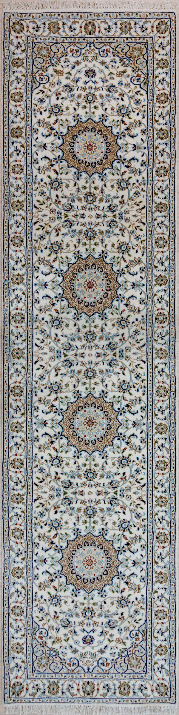 Authentic Handknotted Ivory Cream Jaipur Nain Silk n Wool Runner 310cm x 78cm
Soft silk and woolen pile on this stunning Nain Runner
Having a light and dark side is a trademark of Handmade Rugs
Durable and Wear Resistant&nbsp;