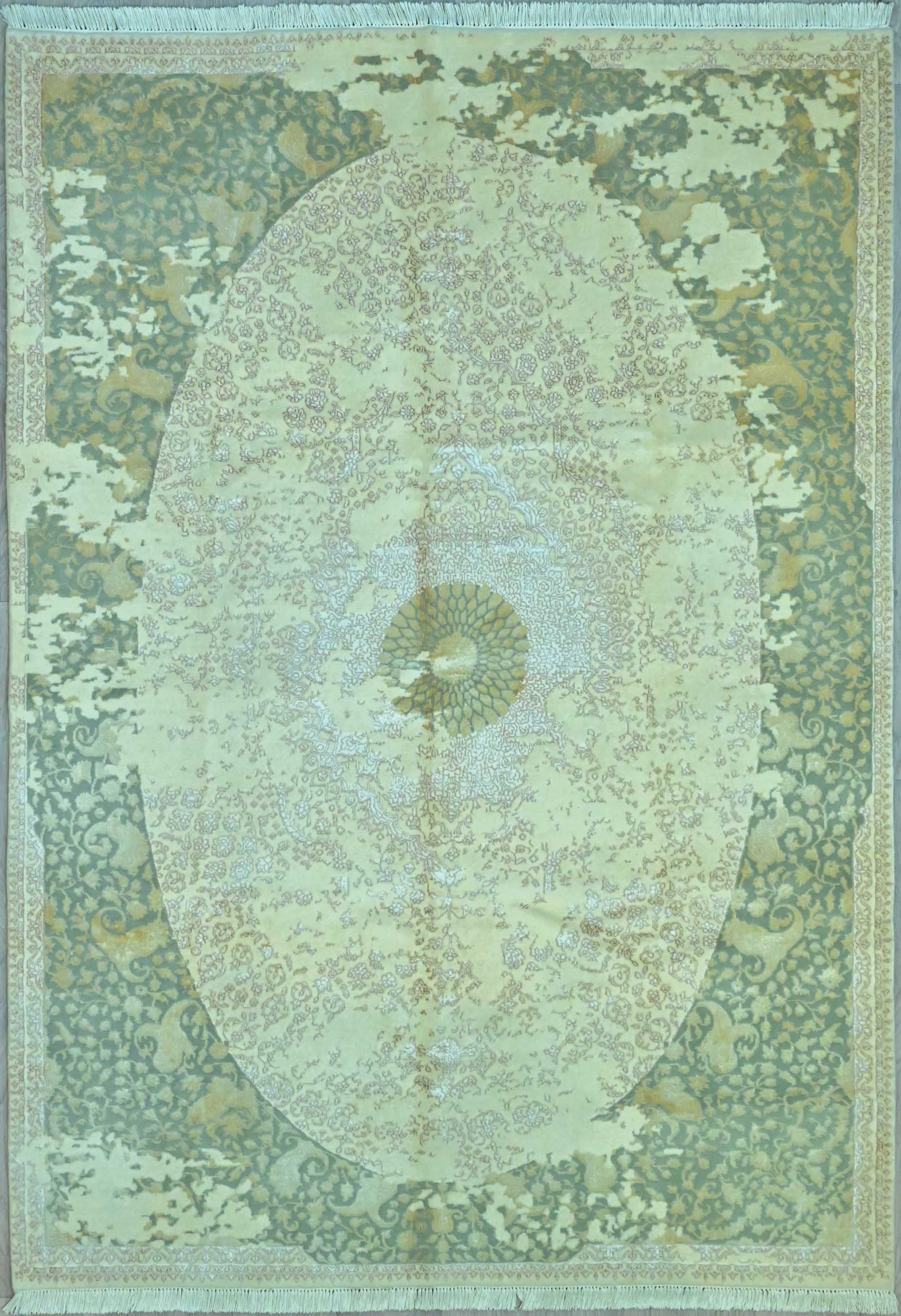Guaranteed Original Hand-knotted Ivory Mint Jaipur Silk n Wool Rug 240cm x 169cm woven in Central Asia
Luscious thick Silk and Wool pile
Lovely light tone colours with small centre medallion, ideal for both the modern &amp; traditional setting