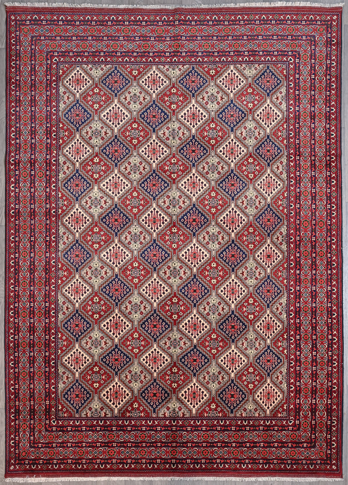 Red, Blue and Cream Afghan Kundus Wool Rug 345cm x 245cm