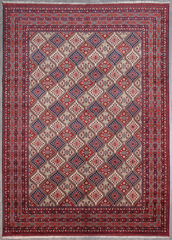 Red, Blue and Cream Afghan Kundus Wool Rug 345cm x 245cm