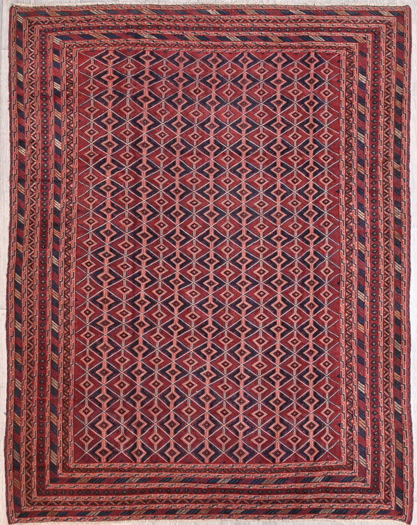 Red and Navy Afghan Tribal Meshwani Textured Wool Rug 257cm x 200cm