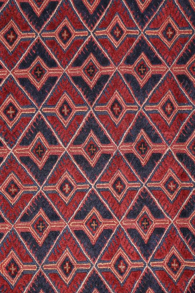 Red and Navy Afghan Tribal Meshwani Textured Wool Rug 257cm x 200cm