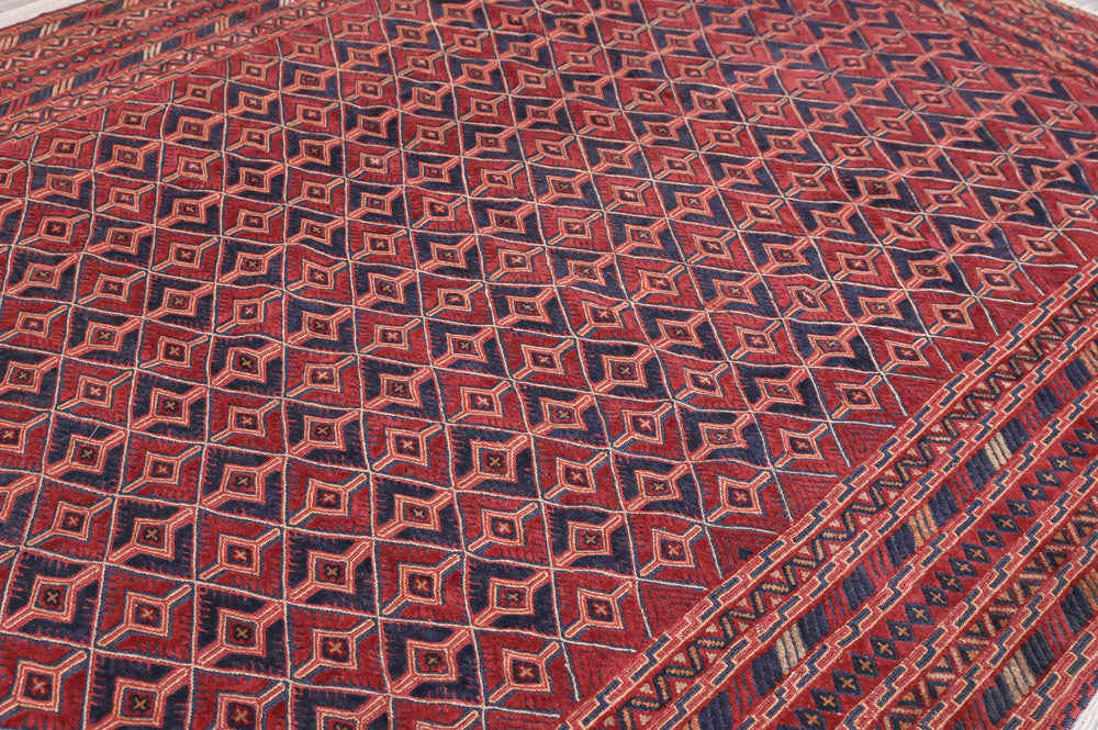 Red and Navy Afghan Tribal Meshwani Textured Wool Rug 257cm x 200cm