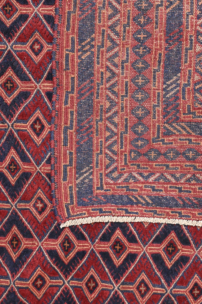 Red and Navy Afghan Tribal Meshwani Textured Wool Rug 257cm x 200cm