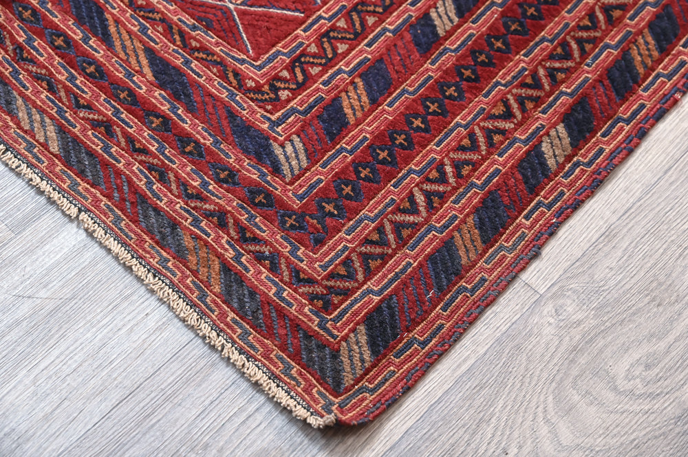 Red and Navy Afghan Tribal Meshwani Textured Wool Rug 257cm x 200cm