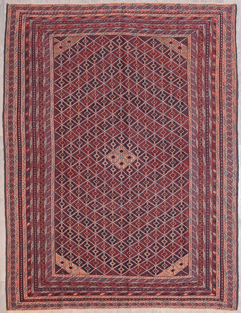 Red and Navy Afghan Tribal Meshwani Textured Wool Rug 280cm x 210cm K1006