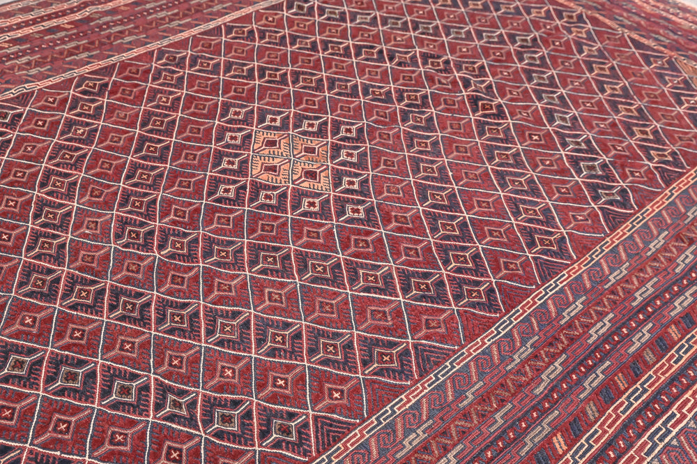 Red and Navy Afghan Tribal Meshwani Textured Wool Rug 280cm x 210cm K1006