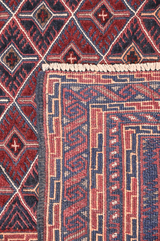 Red and Navy Afghan Tribal Meshwani Textured Wool Rug 280cm x 210cm K1006