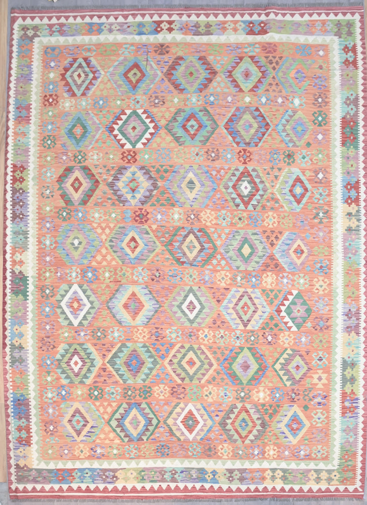 XL Terracotta Afghan Boho Kilim Wool Rug 406cm x 300cm