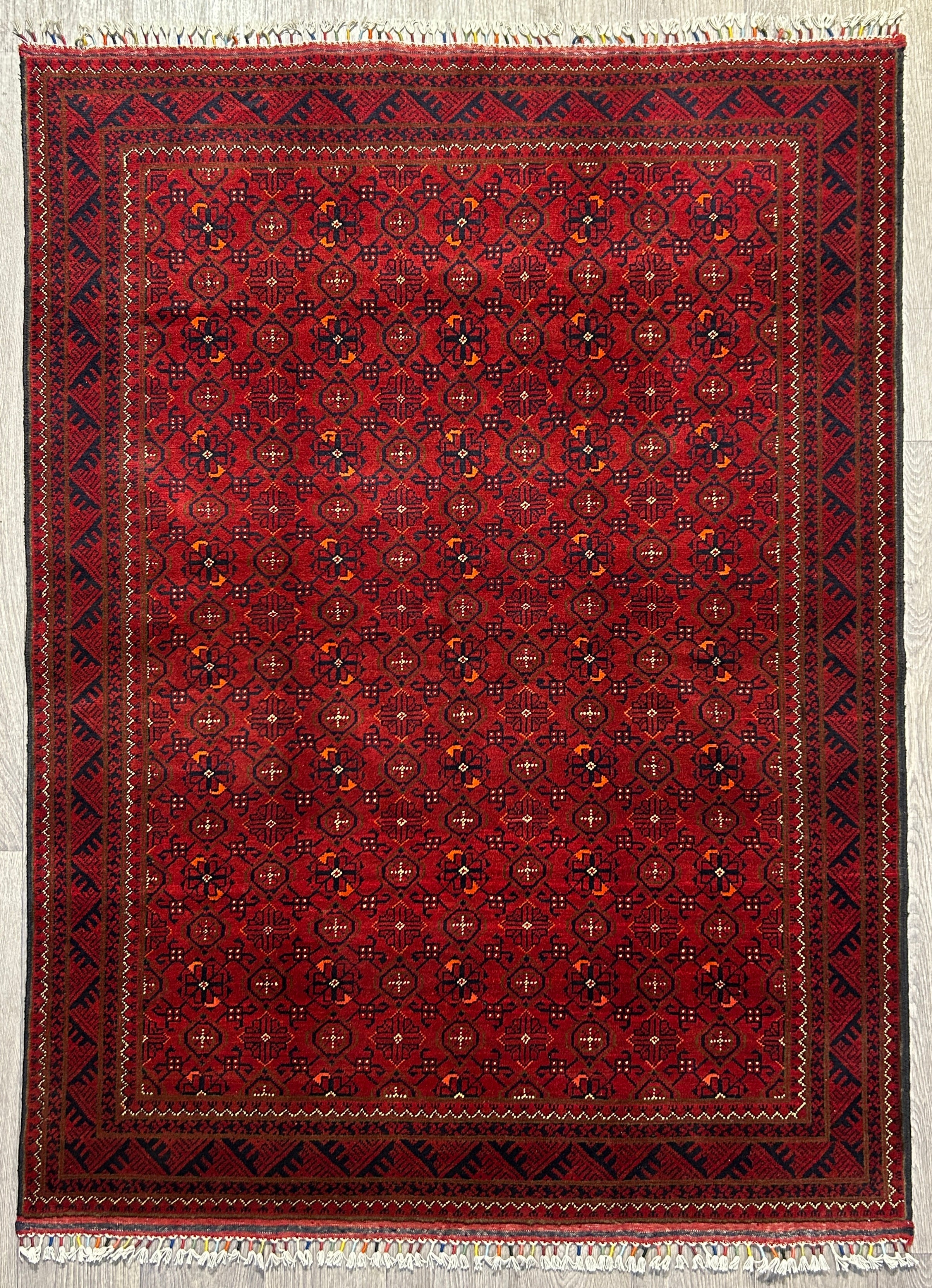 Red Afghan Kundus Khoja Roshnai Wool Rug 192cm x 142cm