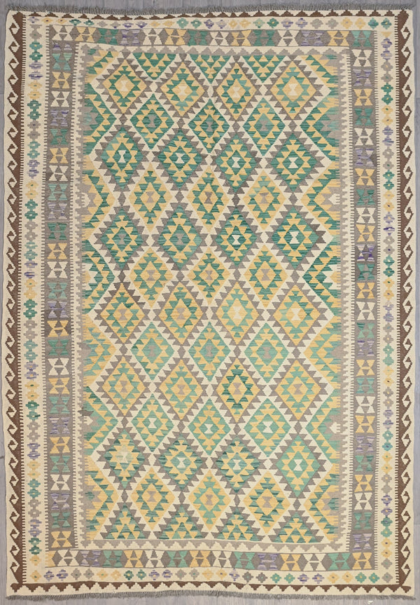 Green Afghan Bohemian Kilim Wool Rug 294cm x 210cm