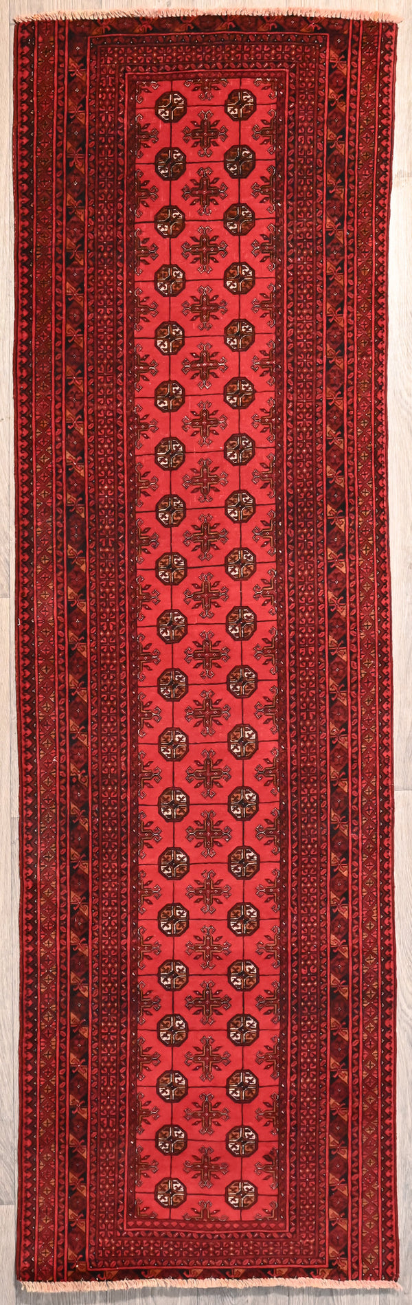 Red Afghan Semi-antique Fine Turkoman Wool Runner 275cm x 79cm