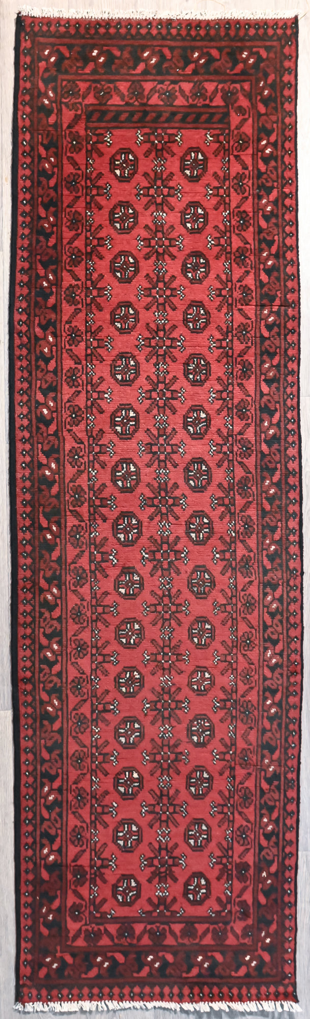 Red Afghan Turkoman Bukhara Wool Runner 300cm x 80cm