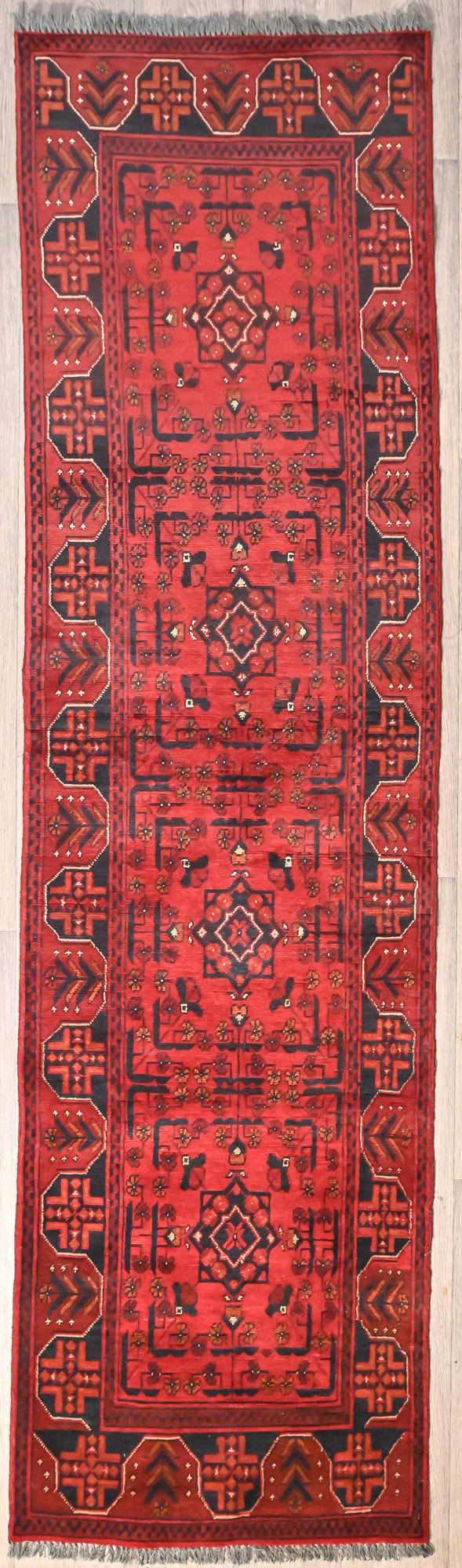 Red Afghan Khal Mohammadi Wool Runner 280cm x 85cm