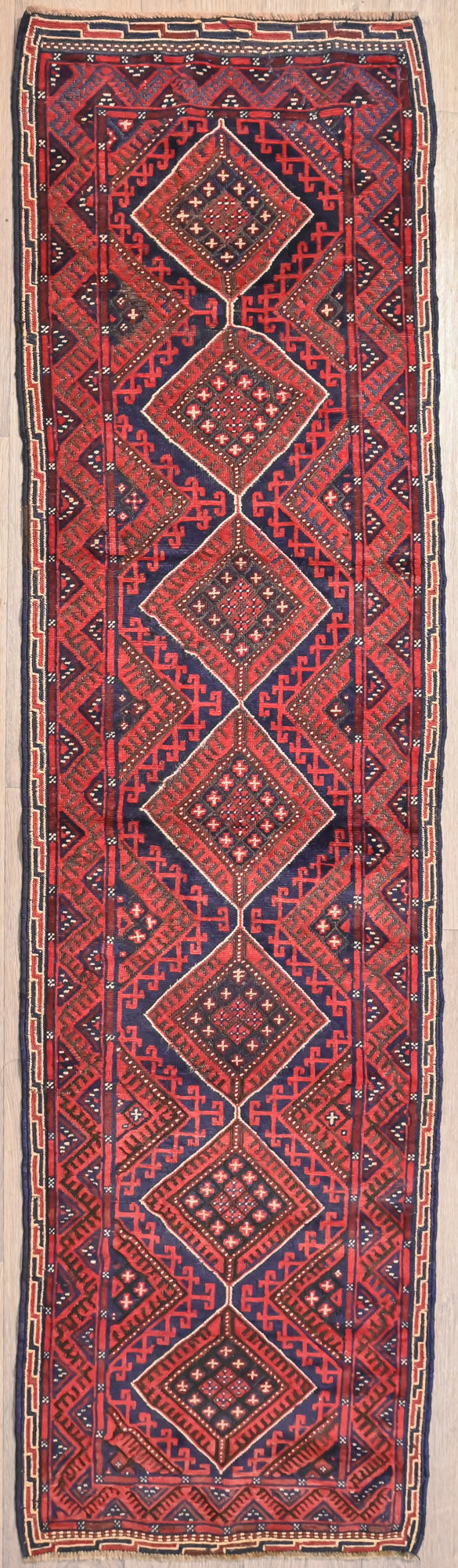 Red and Navy Persian Meshwani Wool Runner 250cm x 68cm