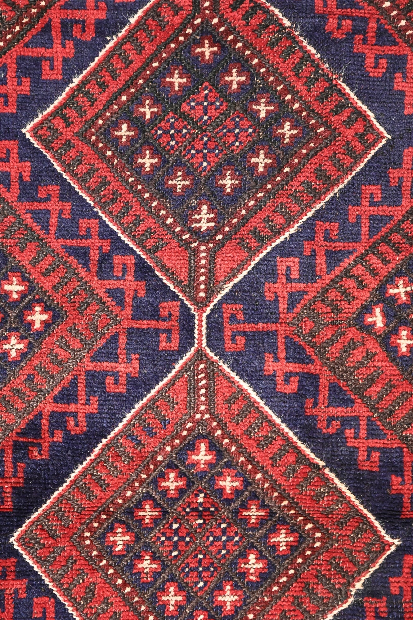 Red and Navy Persian Meshwani Wool Runner 250cm x 68cm