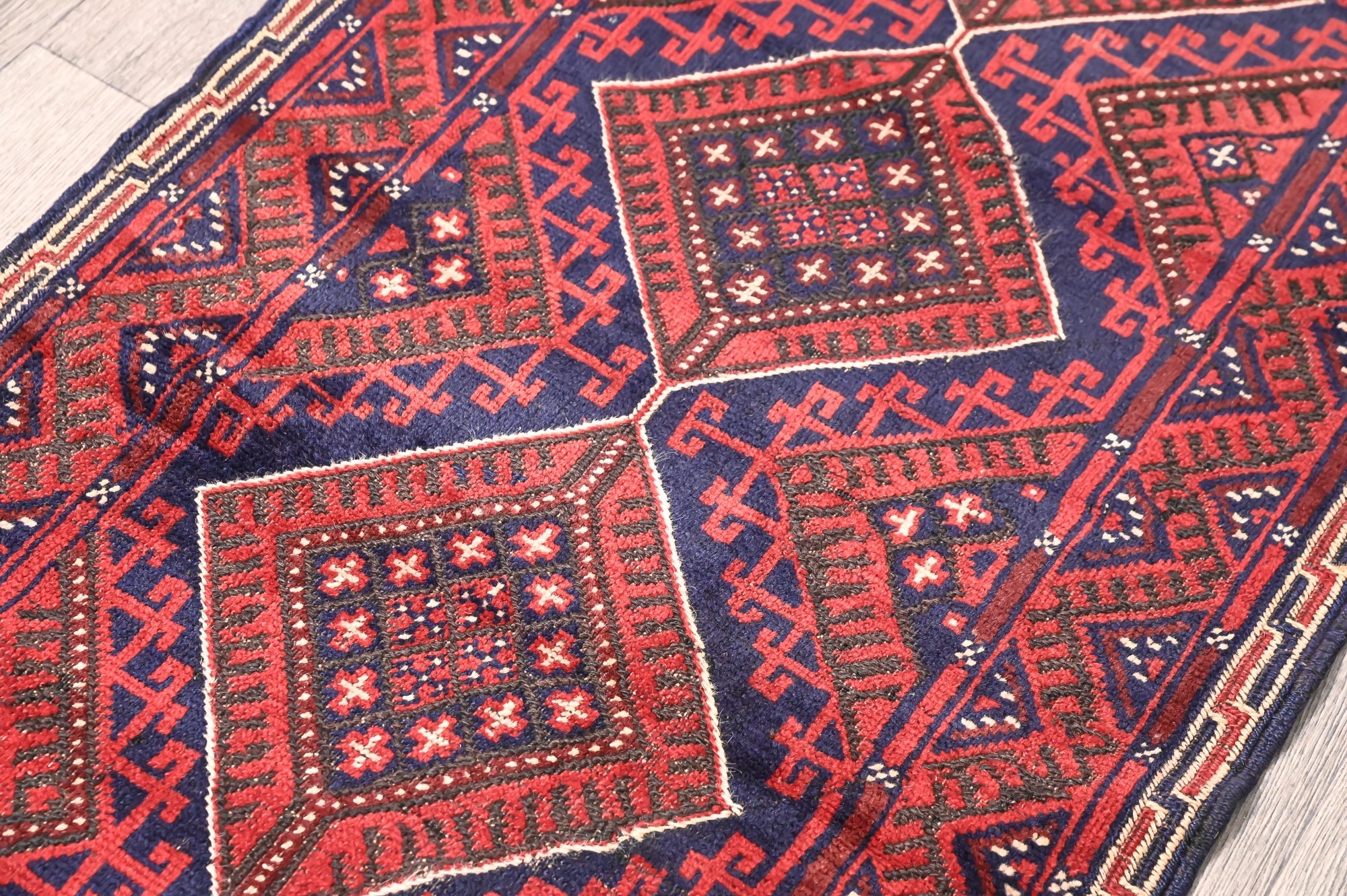 Red and Navy Persian Meshwani Wool Runner 250cm x 68cm