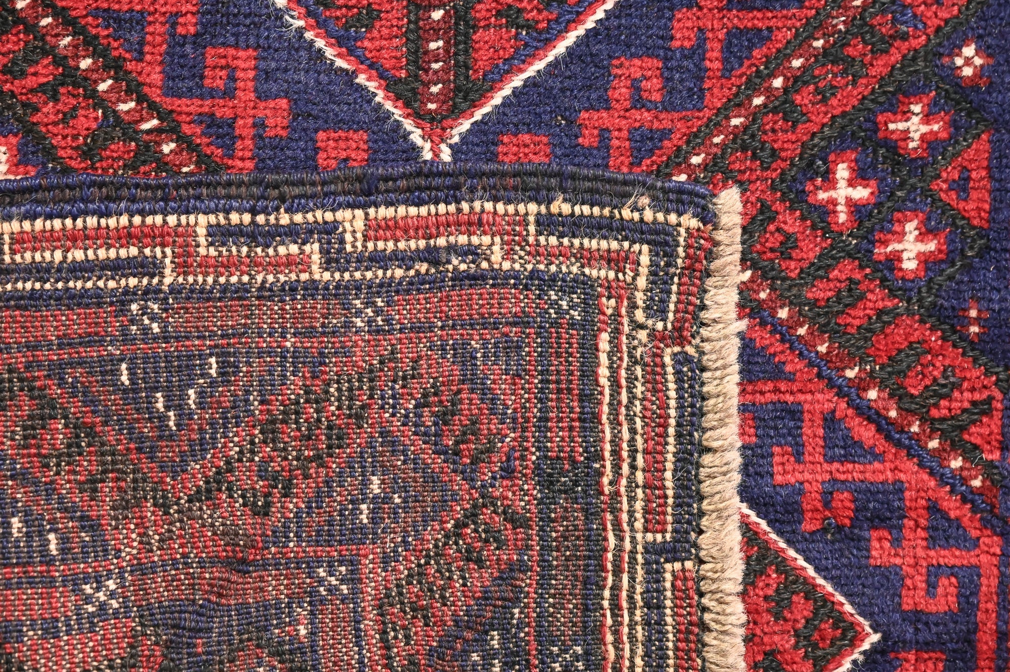 Red and Navy Persian Meshwani Wool Runner 250cm x 68cm