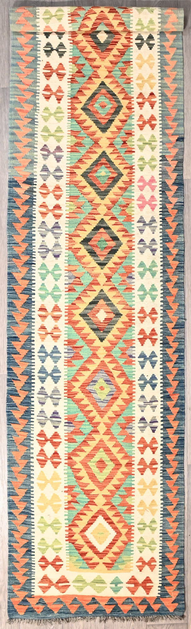 Multicolour Afghan Boho Kilim Wool Runner 388cm x 82cm