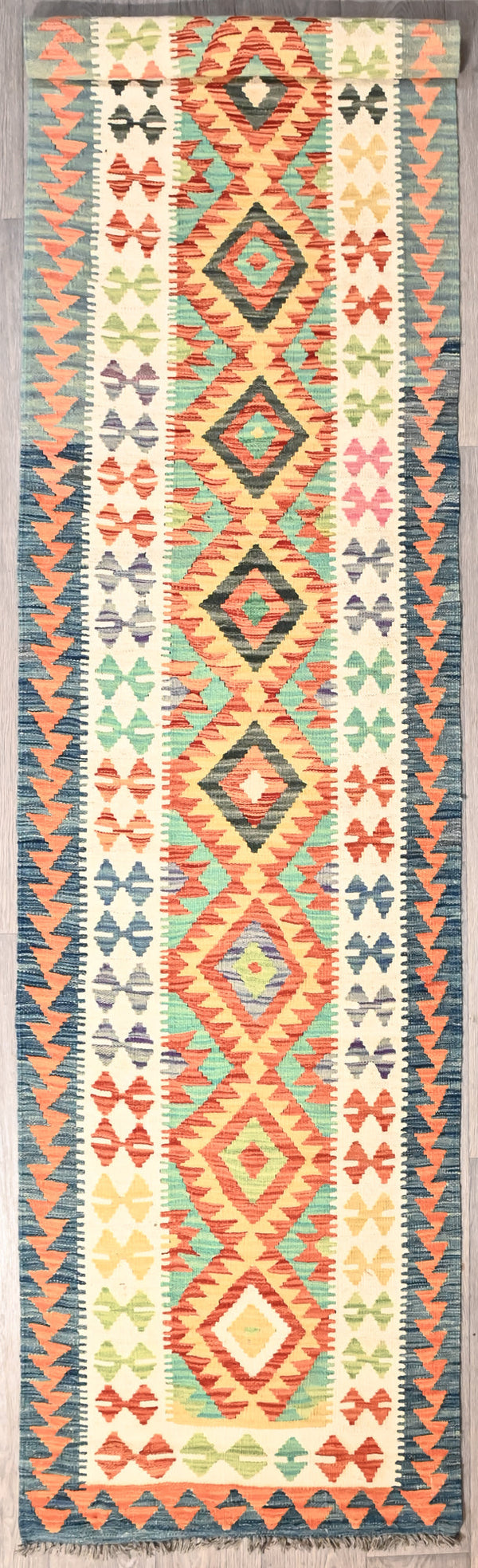 Multicolour Afghan Boho Kilim Wool Runner 388cm x 82cm