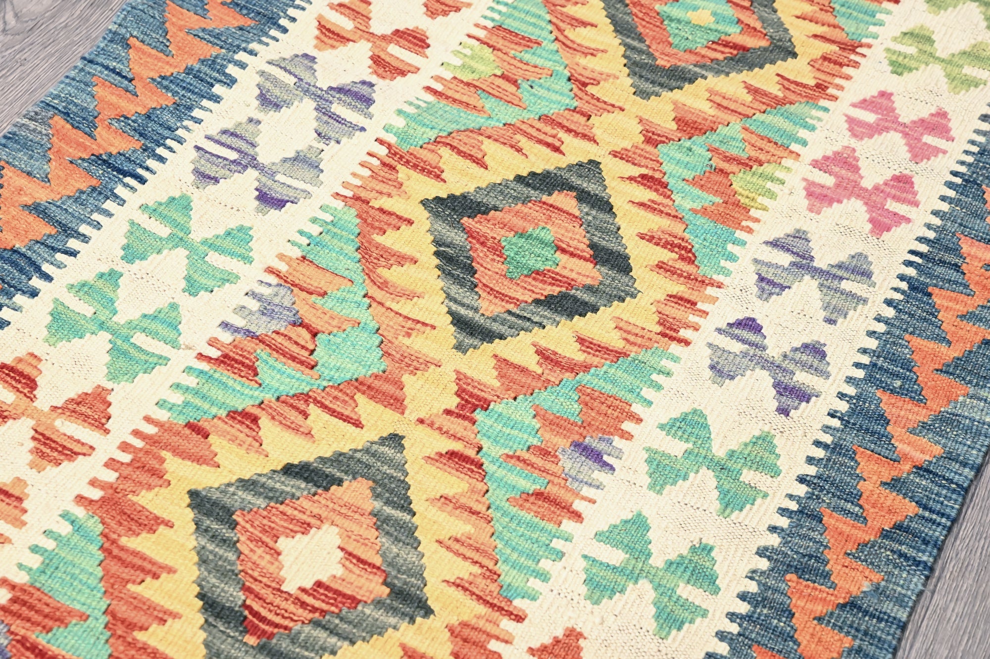 Multicolour Afghan Boho Kilim Wool Runner 388cm x 82cm