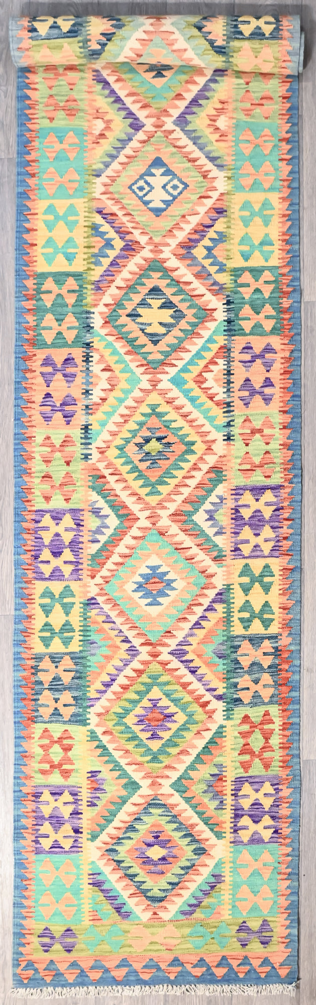 Multicolour Afghan Boho Kilim Wool Runner 406cm x 82cm