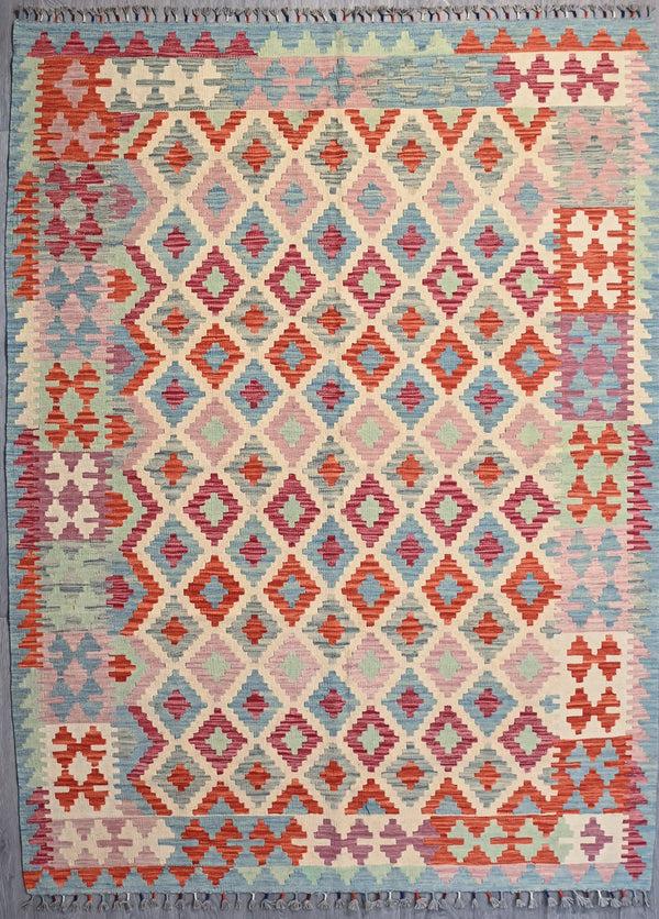 Pink Afghan Boho Kilim Wool Rug 241cm x 173cm