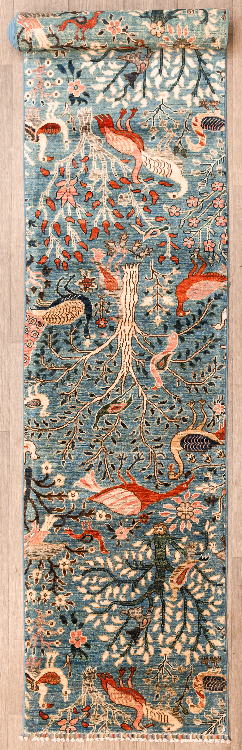 Blue Afghan Pictorial Chobi Wool Runner 351cm x 74cm