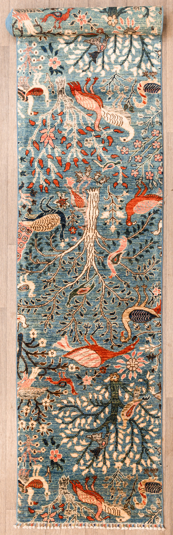 Blue Afghan Pictorial Chobi Wool Runner 351cm x 74cm