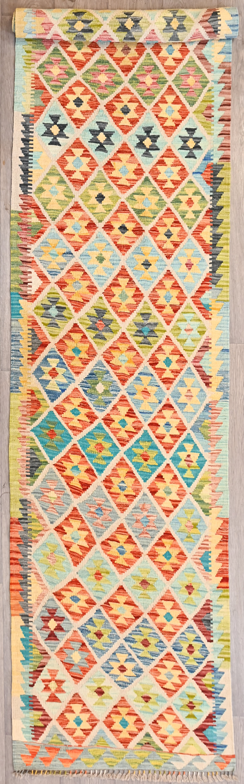 Multicolour Afghan Boho Kilim Wool Runner 389cm x 78cm