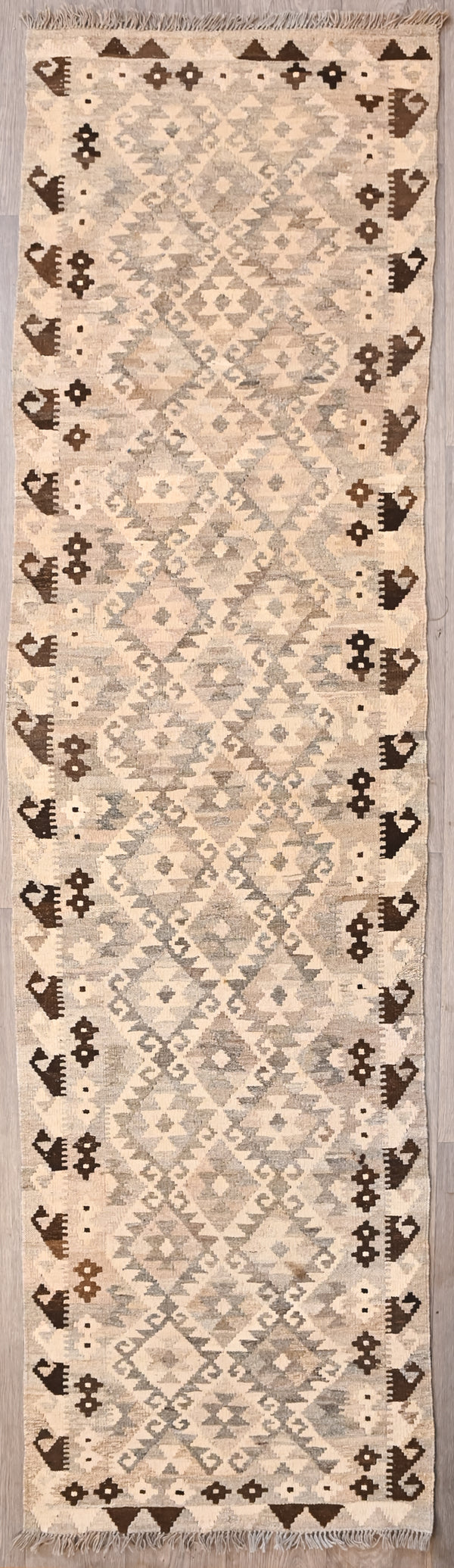 Grey Afghan Kilim Wool Runner 295cm x 79cm