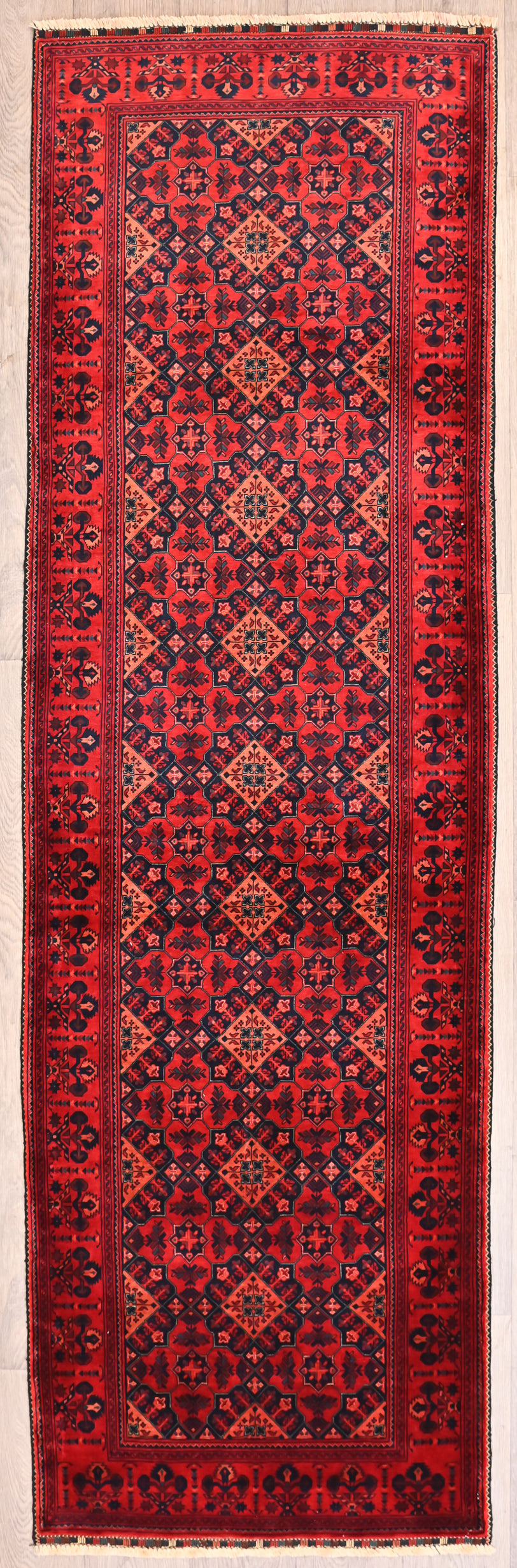 Red Fine Afghan Beljick Wool Runner 283cm x 86cm