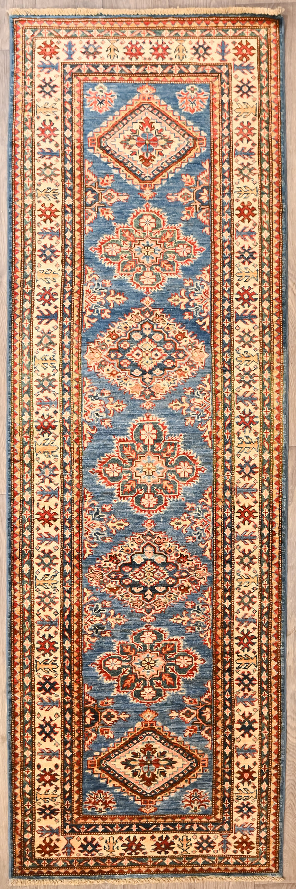 Blue Afghan Super Kazak Wool Runner 260cm x 83cm