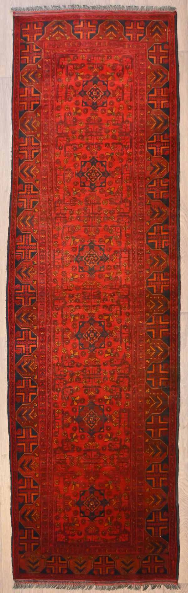 Red Afghan Khal Wool Runner 287cm x 83cm