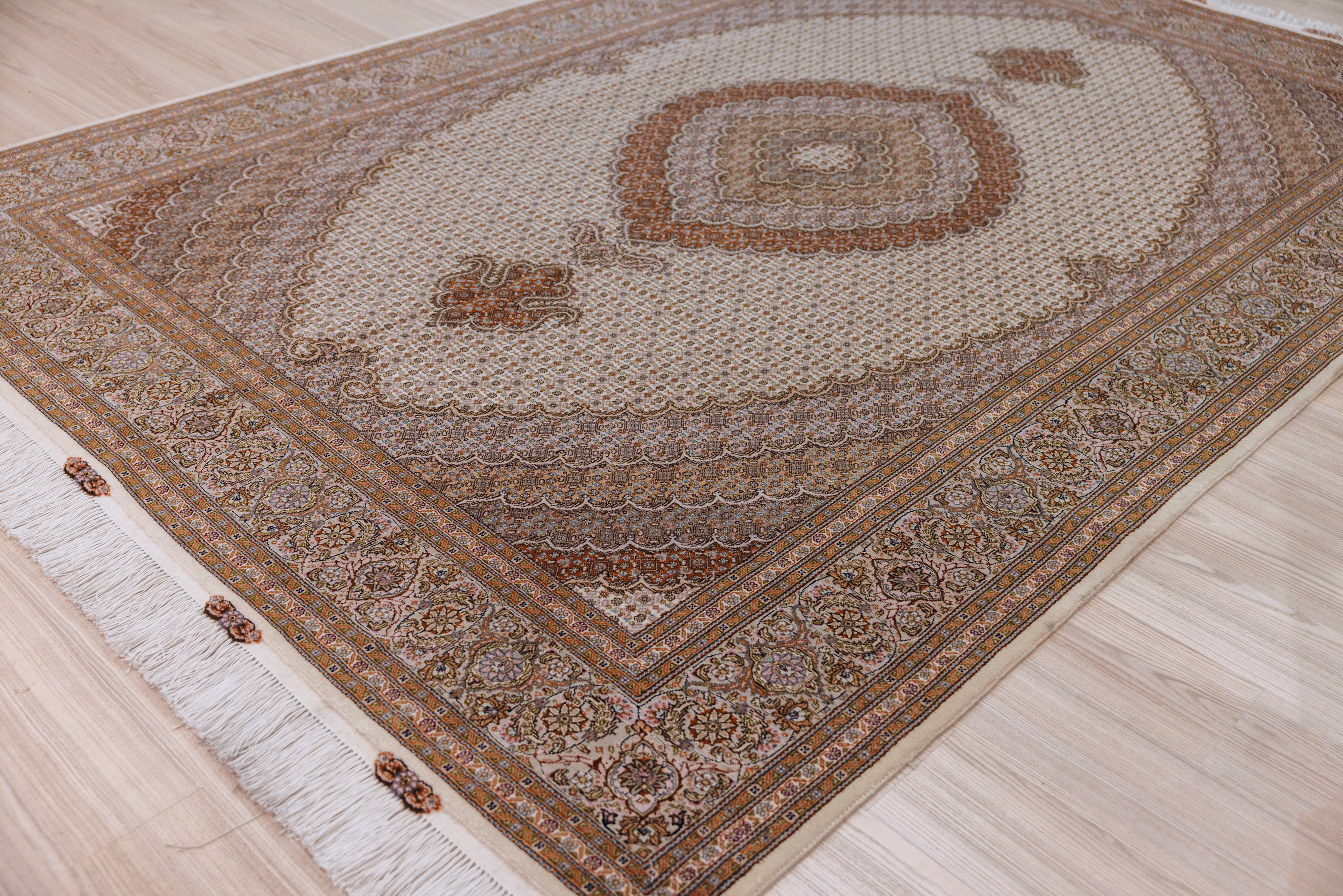 Cream Very Fine Persian Tabriz Silk n Wool Rug 300cm x 200cm