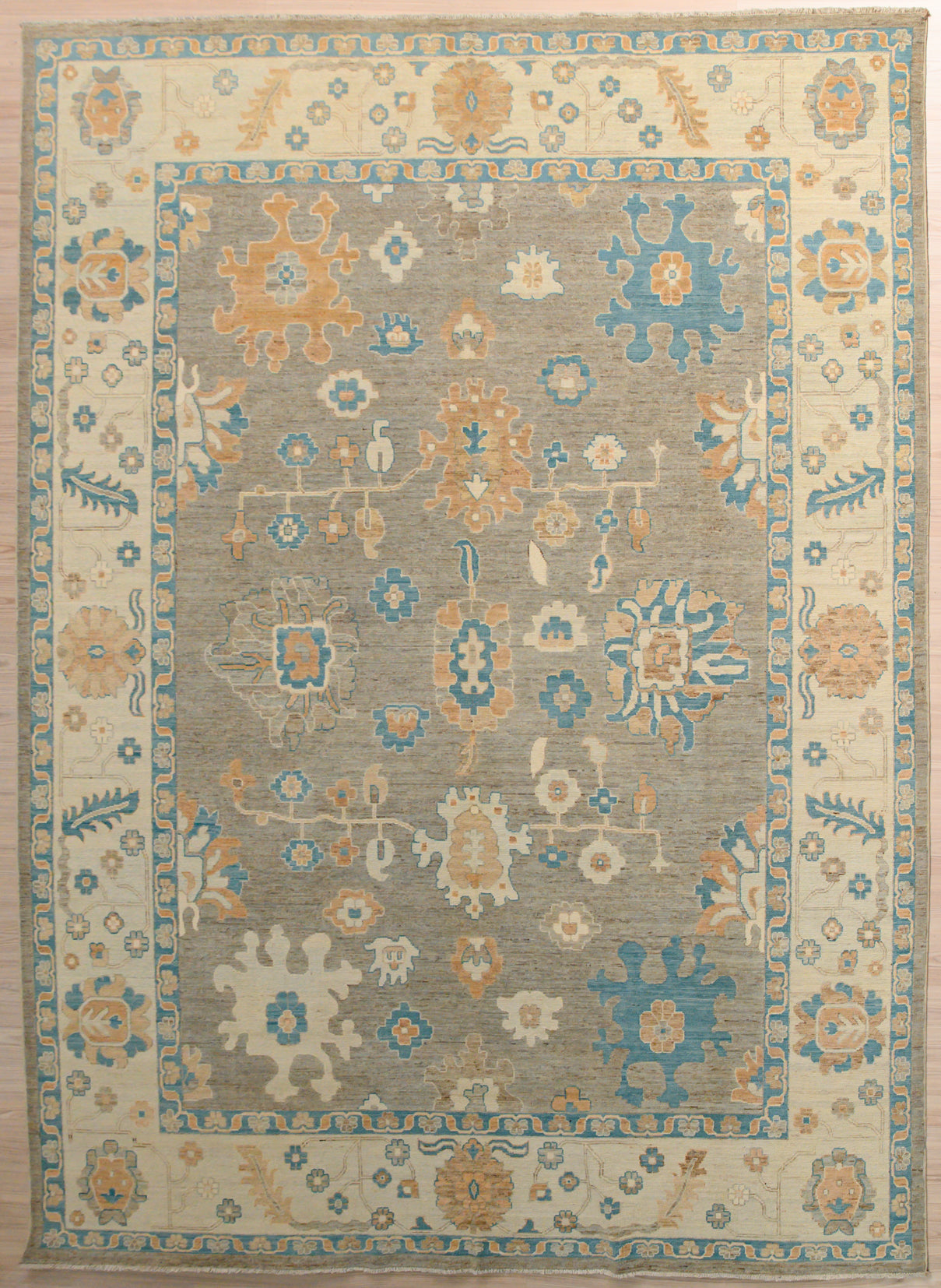 Muted Grey Afghan Oushak Chobi Wool Rug 355cm x 265cm