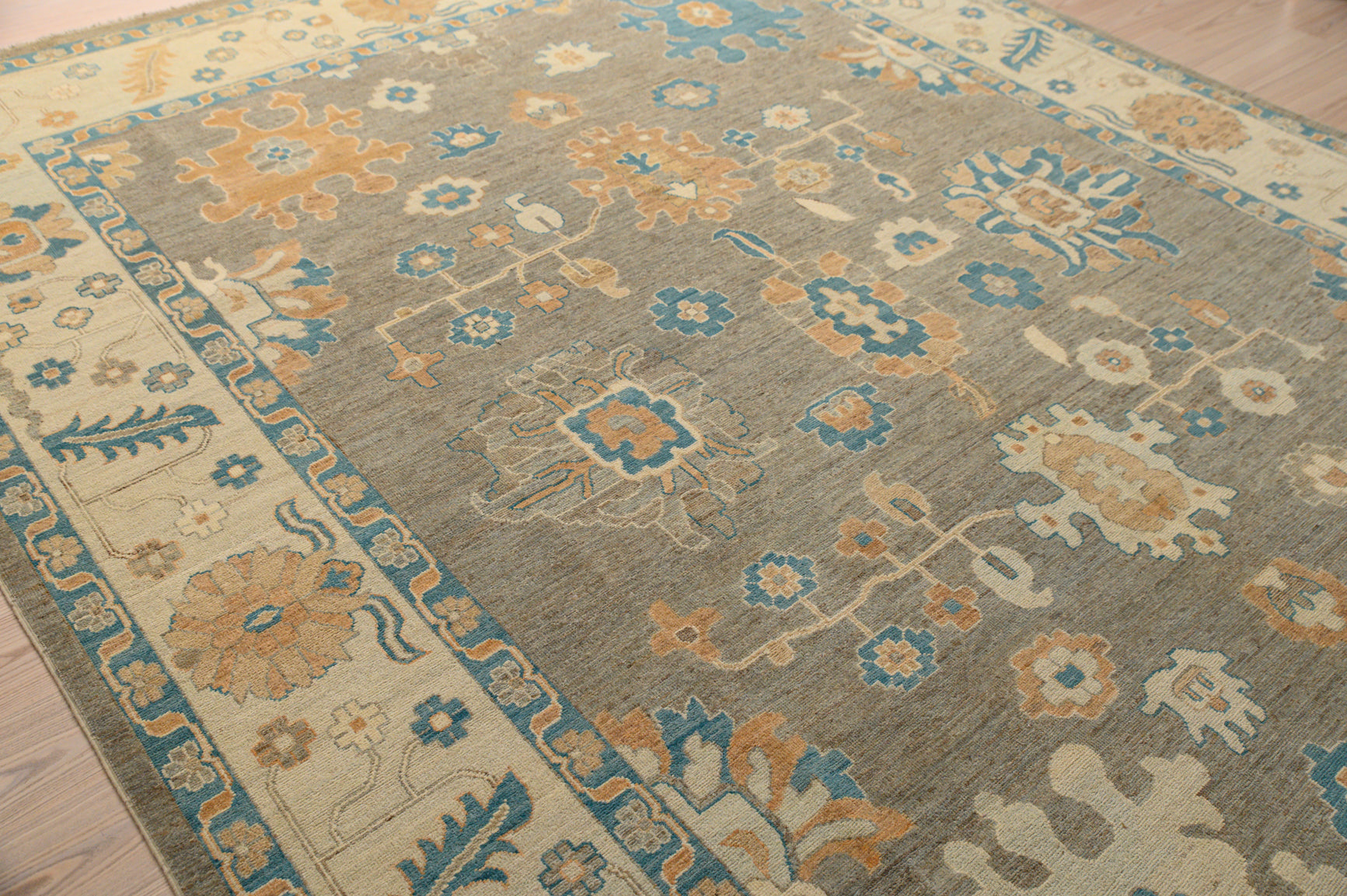 Muted Grey Afghan Oushak Chobi Wool Rug 355cm x 265cm