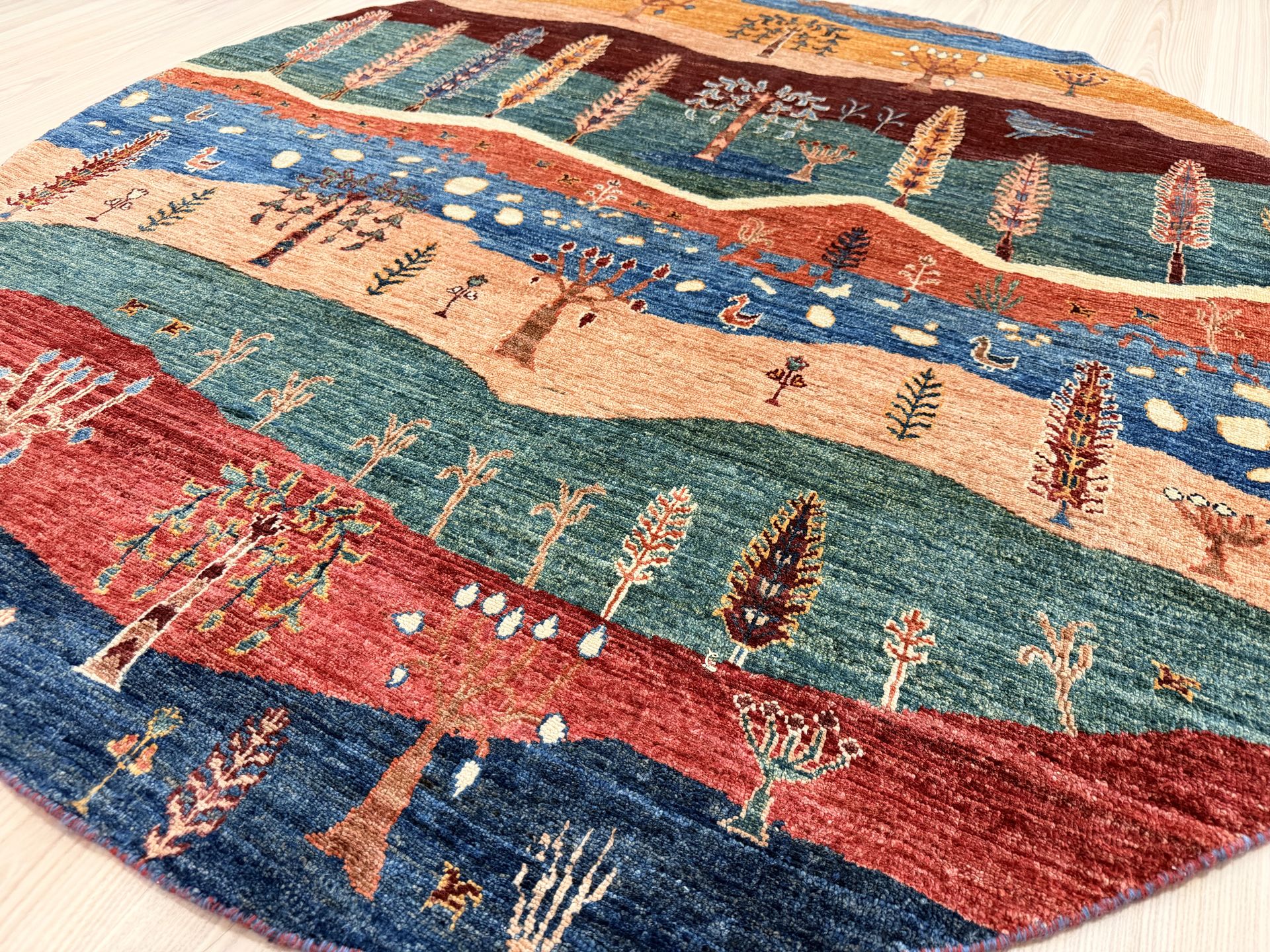Multicolour Pictorial Chobi Wool Round Rug 175cm x 175cm – Knot n' Co