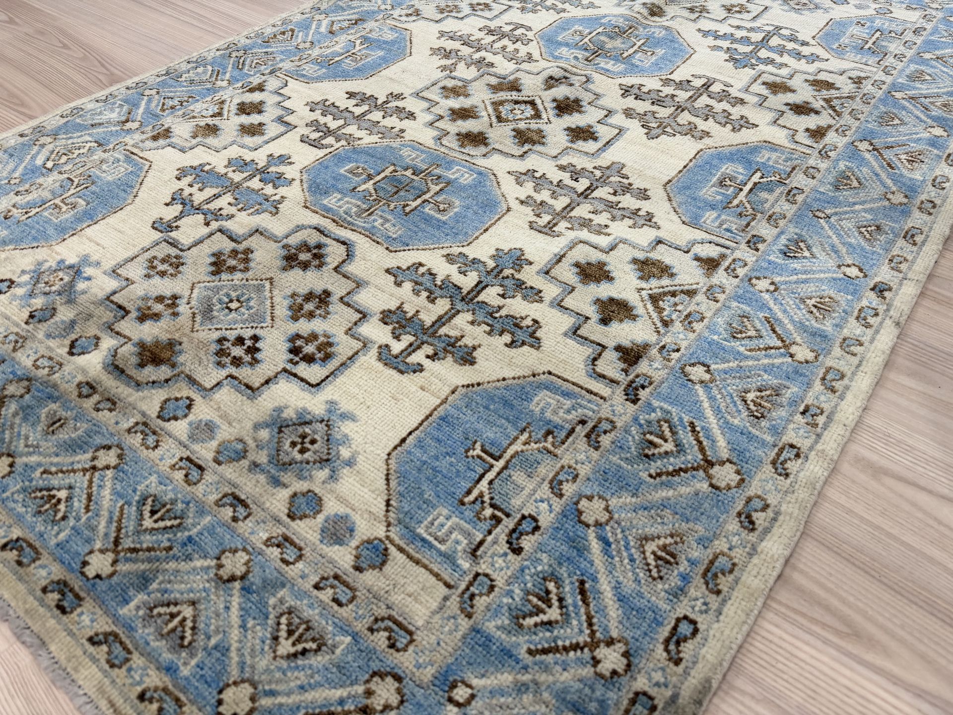 Blue Cream Afghan Chobi Wool Rug 188cm x 122cm – Knot n' Co