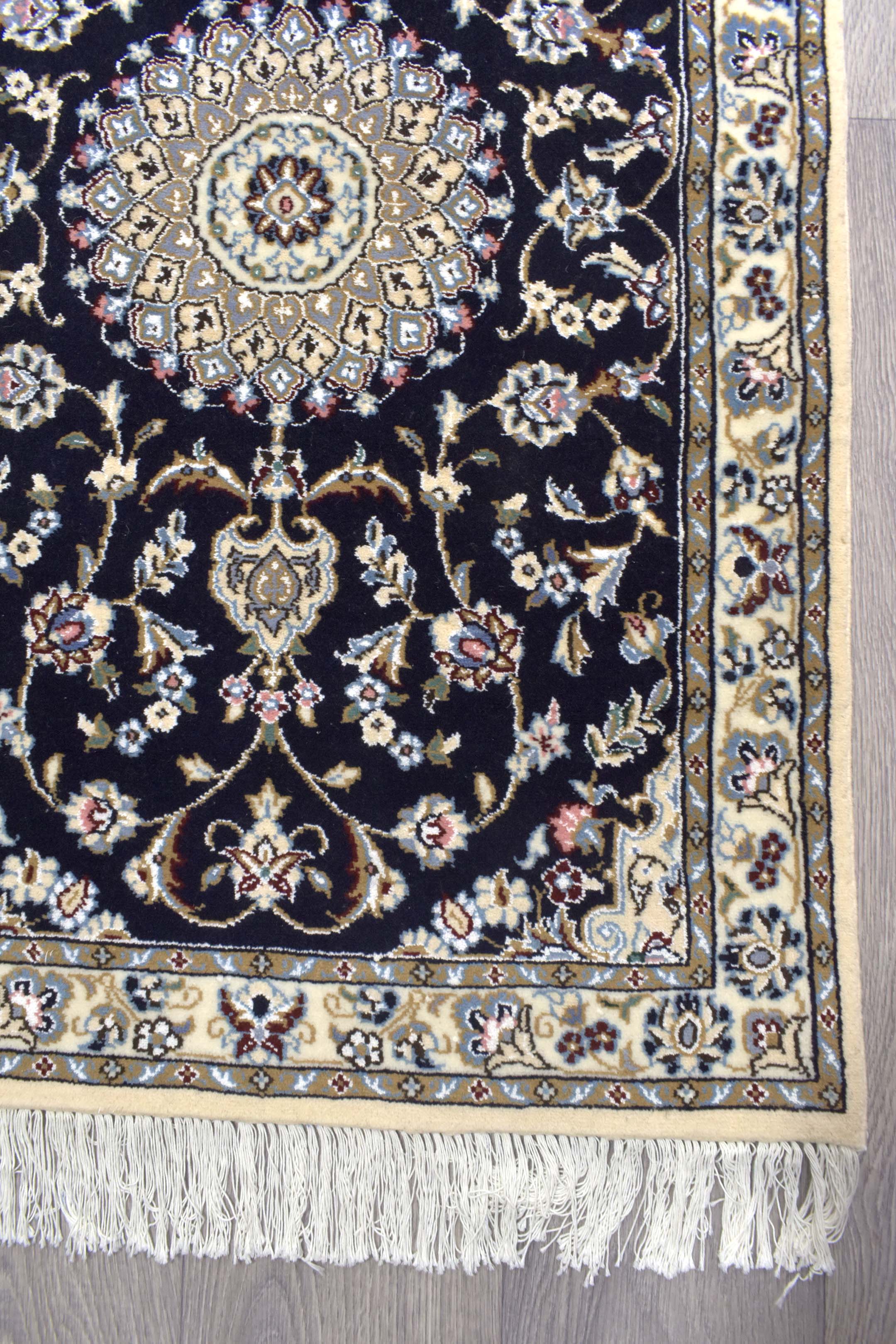 Navy Persian Nain Silk & Wool Runner 304cm x 73cm