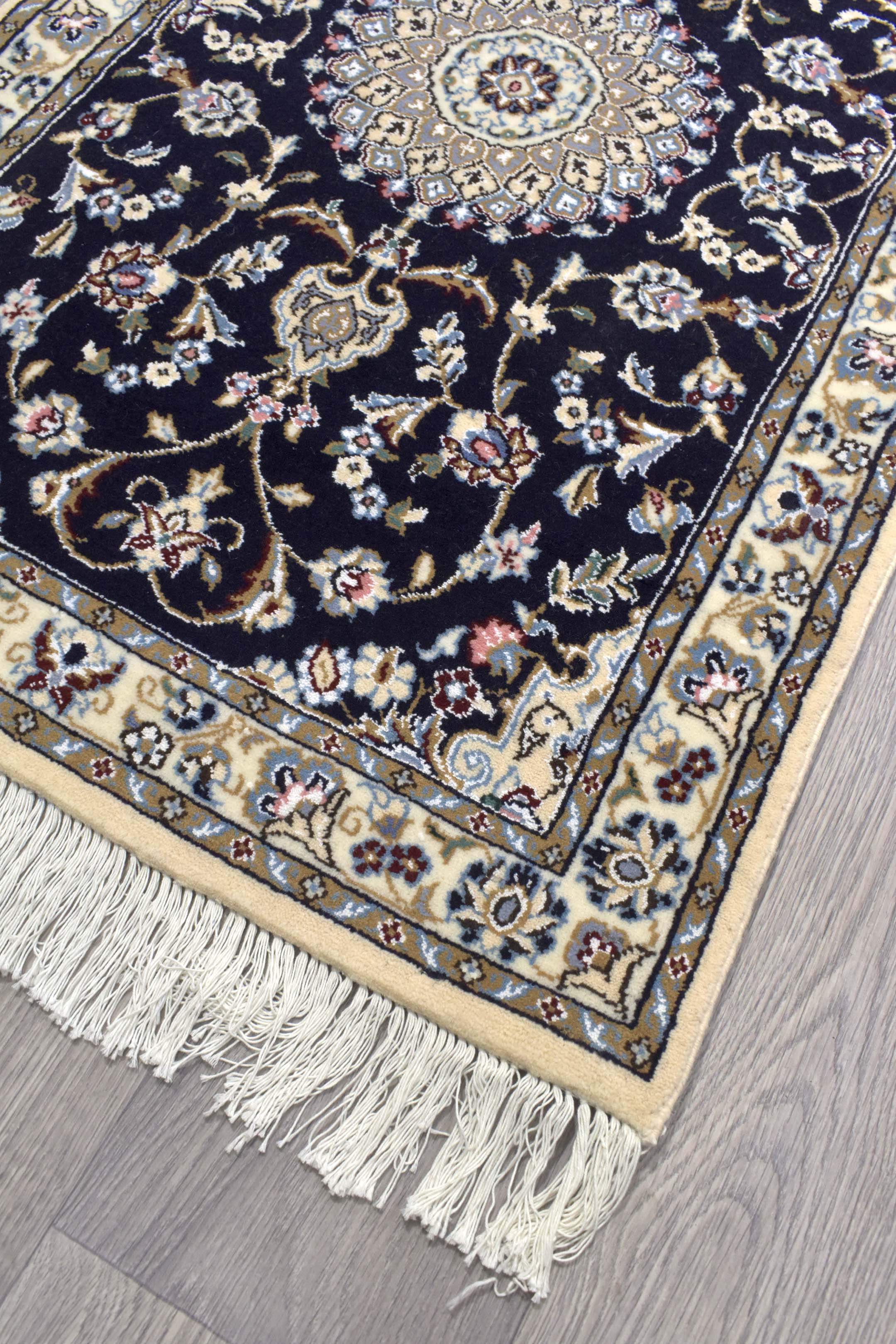 Navy Persian Nain Silk & Wool Runner 304cm x 73cm